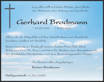 Traueranzeige von Gerhard Brodmann von Thüringer Allgemeine