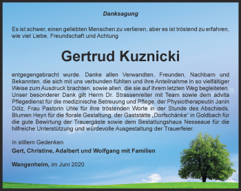 Traueranzeige von Gertrud Kuznicki von Ostthüringer Zeitung, Thüringische Landeszeitung