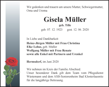 Traueranzeige von Gisela Müller von Ostthüringer Zeitung