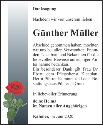 Traueranzeige von Günther Müller von Ostthüringer Zeitung