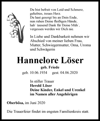 Traueranzeige von Hannelore Löser von Thüringer Allgemeine