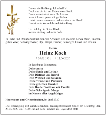 Traueranzeige von Heinz Koch von Ostthüringer Zeitung