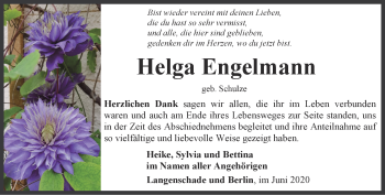 Traueranzeige von Helga Engelmann von Ostthüringer Zeitung