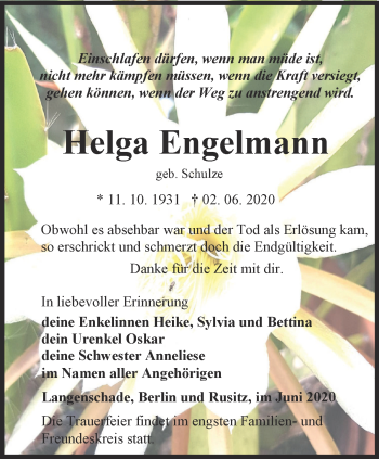 Traueranzeige von Helga Engelmann von Ostthüringer Zeitung