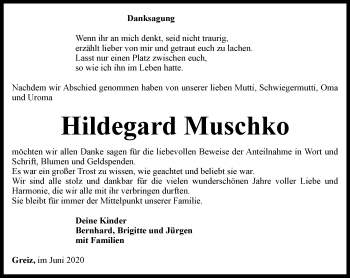 Traueranzeige von Hildegard Muschko von Ostthüringer Zeitung