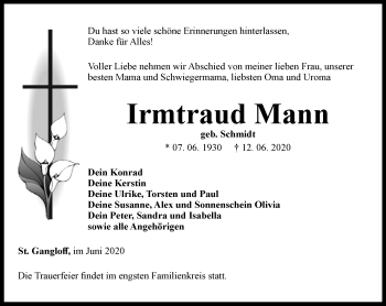 Traueranzeige von Irmtraud Mann von Ostthüringer Zeitung
