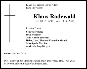 Traueranzeige von Klaus Rodewald von Ostthüringer Zeitung