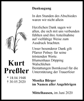 Traueranzeige von Kurt Preßler von Thüringer Allgemeine, Thüringische Landeszeitung