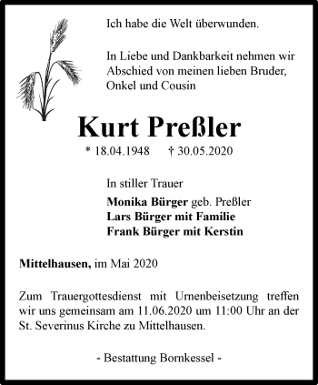 Traueranzeige von Kurt Preßler von Thüringer Allgemeine, Thüringische Landeszeitung