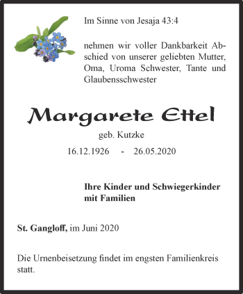 Traueranzeige von Margarete Ettel von Ostthüringer Zeitung