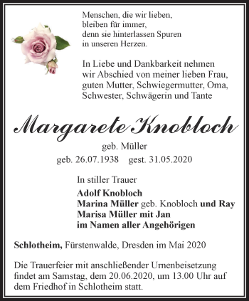 Traueranzeige von Margarete Knobloch von Thüringer Allgemeine, Thüringische Landeszeitung