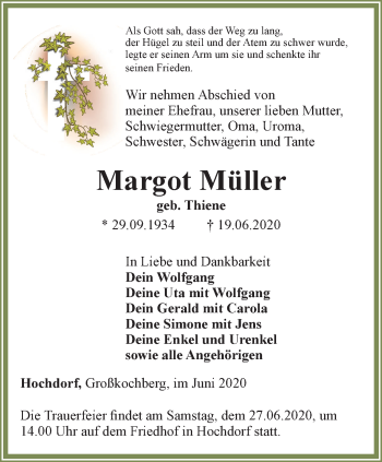 Traueranzeige von Margot Müller von Thüringer Allgemeine, Thüringische Landeszeitung