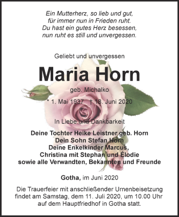 Traueranzeige von Maria Horn von Ostthüringer Zeitung, Thüringische Landeszeitung