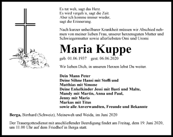 Traueranzeige von Maria Kuppe von Ostthüringer Zeitung