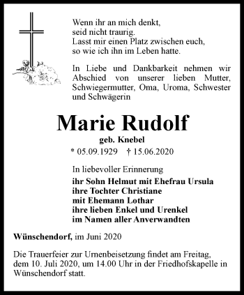 Traueranzeige von Marie Rudolf