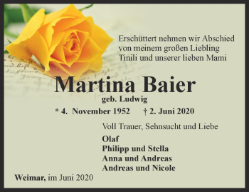 Traueranzeige von Martina Baier von Thüringer Allgemeine, Thüringische Landeszeitung