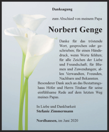 Traueranzeige von Norbert Genge von Thüringer Allgemeine