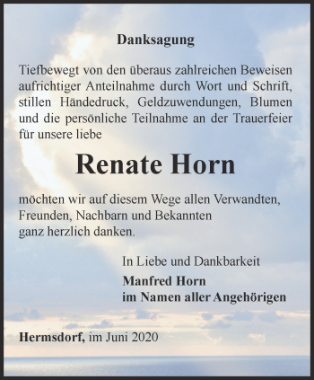 Traueranzeige von Renate Horn von Ostthüringer Zeitung