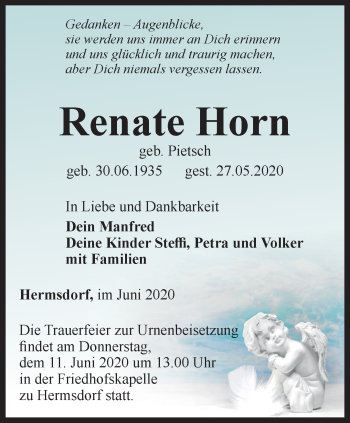 Traueranzeige von Renate Horn von Ostthüringer Zeitung