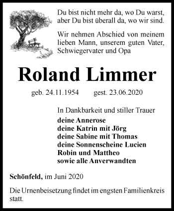 Traueranzeige von Roland Limmer von Ostthüringer Zeitung