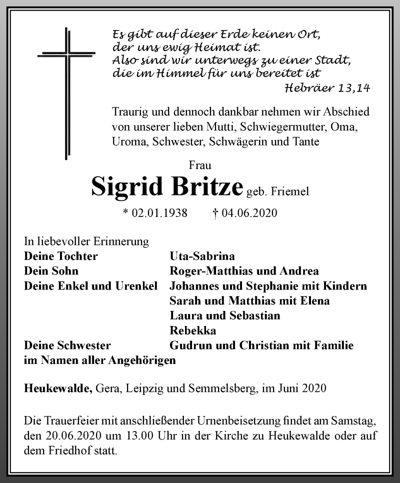  Traueranzeige für Sigrid Britze vom 13.06.2020 aus Ostthüringer Zeitung