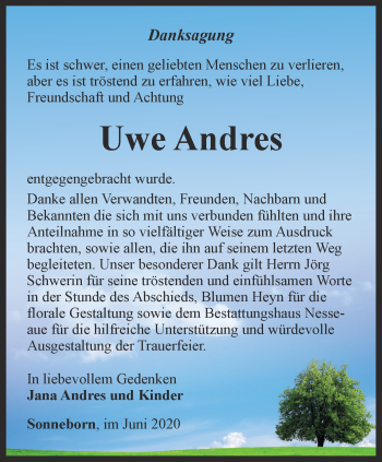 Traueranzeige von Uwe Andres von Ostthüringer Zeitung, Thüringische Landeszeitung