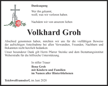 Traueranzeige von Volkhard Groh von Ostthüringer Zeitung