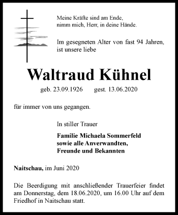 Traueranzeige von Waltraud Kühnel von Ostthüringer Zeitung