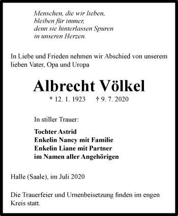 Traueranzeige von Albrecht Völkel von Ostthüringer Zeitung