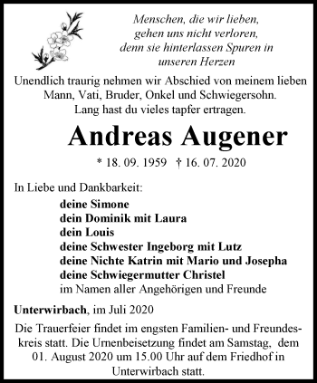 Traueranzeige von Andreas Augener von Thüringer Allgemeine