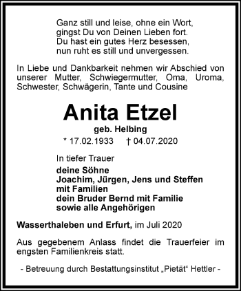 Traueranzeige von Anita Etzel von Thüringer Allgemeine