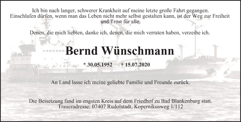  Traueranzeige für Bernd Wünschmann vom 29.07.2020 aus Ostthüringer Zeitung