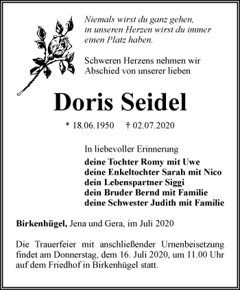 Traueranzeige von Doris Seidel von Ostthüringer Zeitung