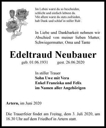 Traueranzeige von Edeltraud Neubauer von Thüringer Allgemeine