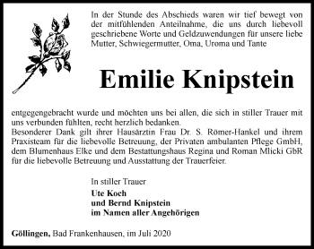 Traueranzeige von Emilie Knipstein von Thüringer Allgemeine