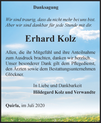 Traueranzeige von Erhard Kolz von Ostthüringer Zeitung