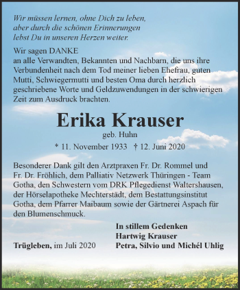 Traueranzeige von Erika Krauser von Ostthüringer Zeitung, Thüringische Landeszeitung