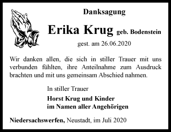 Traueranzeige von Erika Krug von Thüringer Allgemeine
