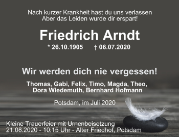Traueranzeige von Friedrich Arndt von Thüringer Allgemeine