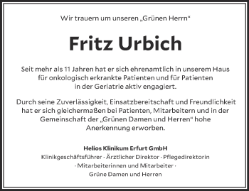 Traueranzeige von Fritz Urbich von Thüringer Allgemeine, Thüringische Landeszeitung