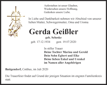 Traueranzeige von Gerda Geißler von Thüringer Allgemeine