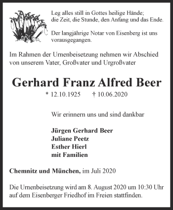 Traueranzeige von Gerhard Franz Alfred Beer von Ostthüringer Zeitung