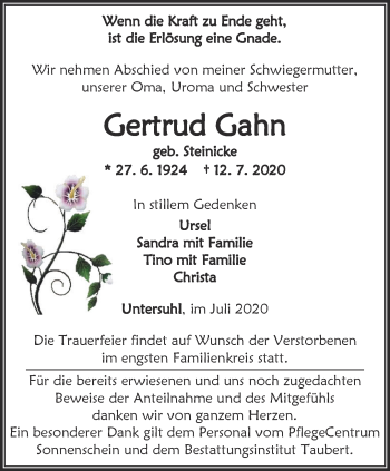 Traueranzeige von Gertrud Gahn von Thüringer Allgemeine, Thüringische Landeszeitung