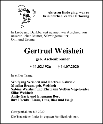 Traueranzeige von Gertrud Weisheit von Ostthüringer Zeitung, Thüringische Landeszeitung