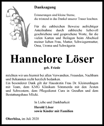 Traueranzeige von Hannelore Löser von Thüringer Allgemeine