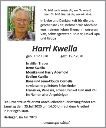 Traueranzeige von Harri Kwella von Thüringer Allgemeine