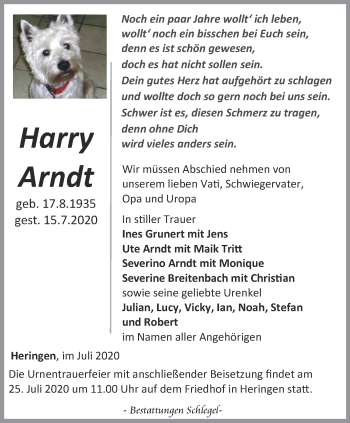 Traueranzeige von Harry Arndt von Thüringer Allgemeine