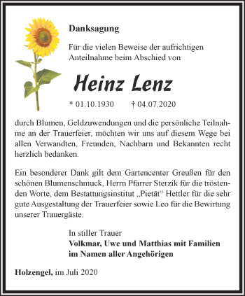 Traueranzeige von Heinz Lenz von Thüringer Allgemeine