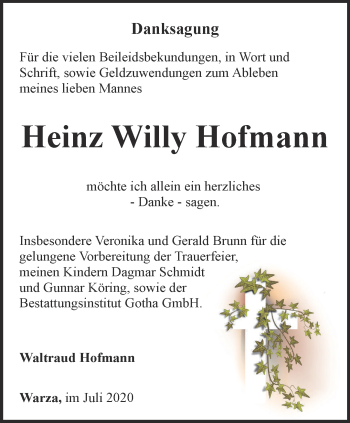 Traueranzeige von Heinz Willy Hofmann
