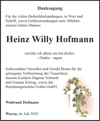 Traueranzeige von Heinz Willy Hofmann von Ostthüringer Zeitung, Thüringische Landeszeitung